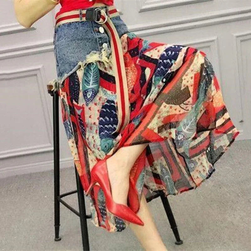 Fashion Casual Denim Patchwork Chiffon Skirt 2025 Summer New Office Lady Commute All-Match Printed A-Line High Waist Midi Skirts