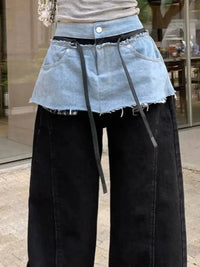 American Retro Contrasting Color Splicing High Waist and Wide Leg Jeans for Women 2026 Autumn New 05E02789