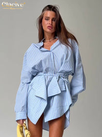 Ensemble 2 Pièces Femme Rayures Bleues – Chemise & Jupe Chic