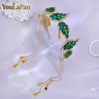 Luxury Green Color Rhinestone Leaf Bride Headband Golden Color Metal Tassel Hair Hoop Wedding Hair Accessories A365