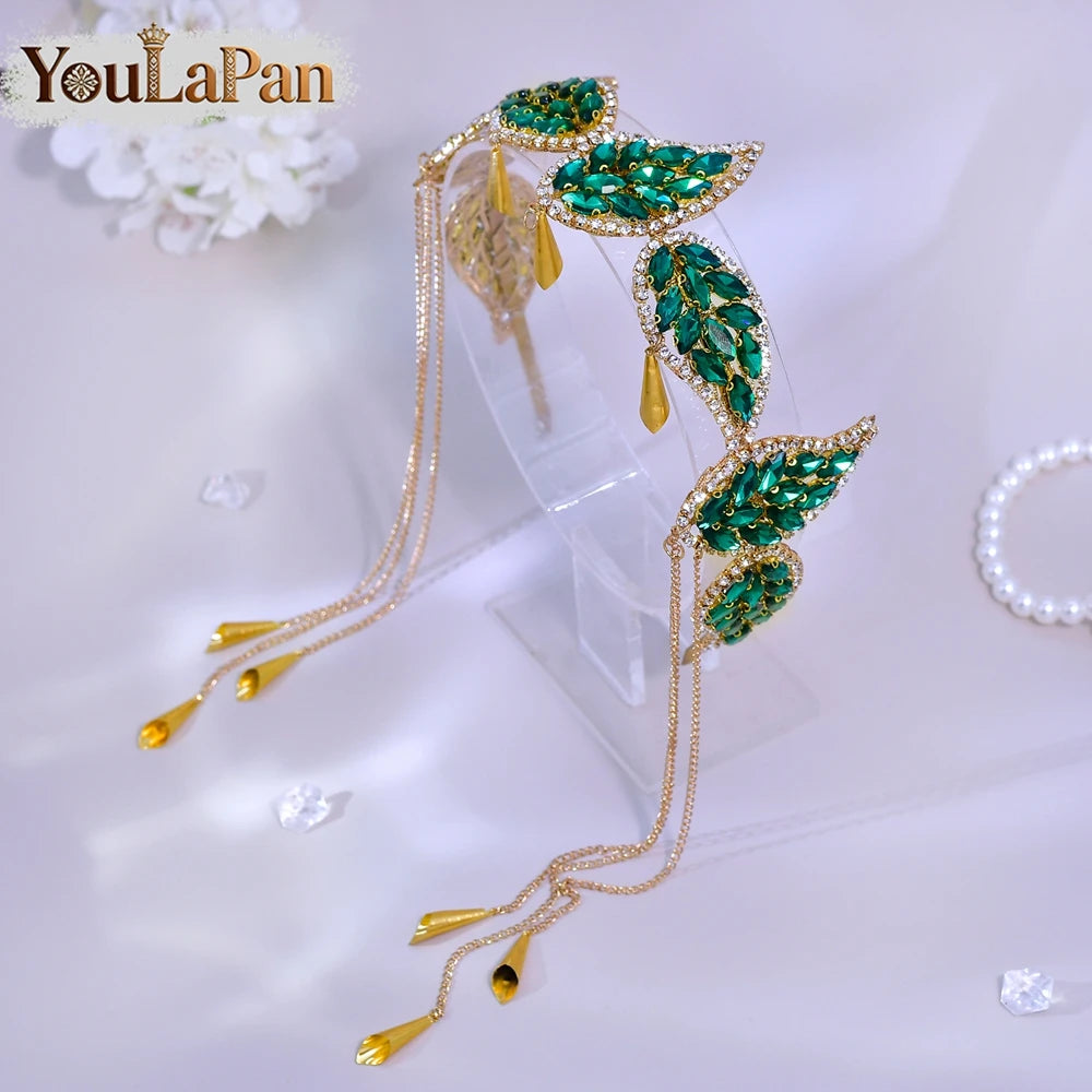 Luxury Green Color Rhinestone Leaf Bride Headband Golden Color Metal Tassel Hair Hoop Wedding Hair Accessories A365