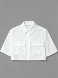 Cropped Button down Shirt for Women Short Sleeve Collared Blouse with Flap Pockets Casual Office Streetwear Summer Crop Top