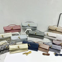 Women'S Checkered Woven Clutch Bag Gold Knot Clasp Convertible Strap Multi-Color