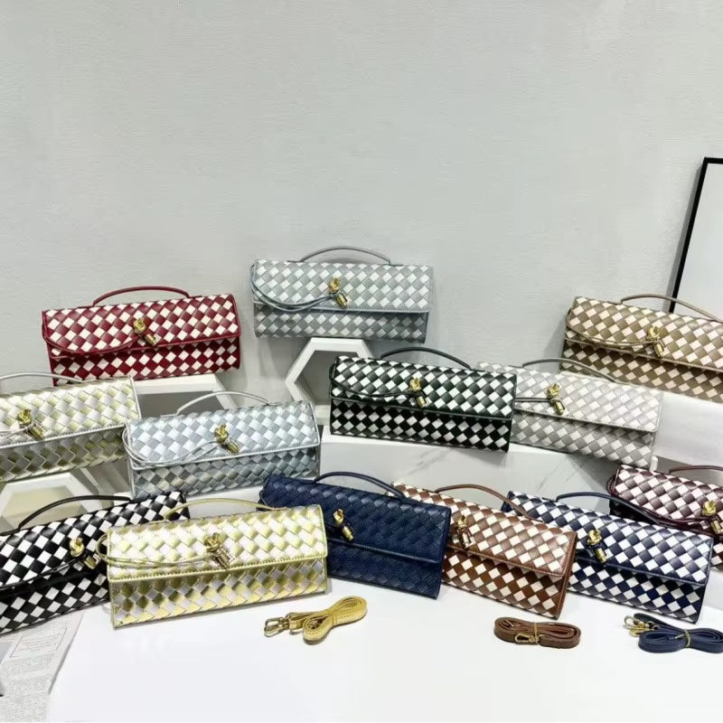 Women'S Checkered Woven Clutch Bag Gold Knot Clasp Convertible Strap Multi-Color