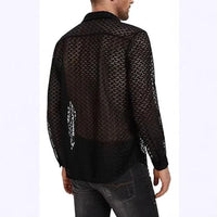 Spring/Summer Hollow-Out Mesh Trend Top Sexy Night Club Party Wear [Star'S Same Style] Men'S Long-Sleeved Lace Perspective Shirt