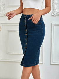 2025 Spring New Women'S Summer Front Multi-Button Denim Skirt Fashion Elastic Knee Length Slim Hip-Hugging Jeans Pencil Skirt