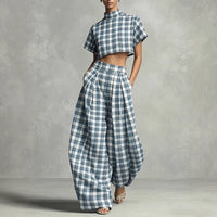 Women Vintage Mock Neck Plaid 2 Piece Outfit Casual Short Sleeve Crop Top High Waist Pleated Wide Leg Harem Pants Summer Outfits