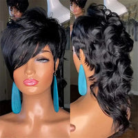 Mullet Wigs Short Pixie Cut Wigs for Black Women Full Machine Made Wig with Bangs Dovetail Straight Highlight Real Human Hair