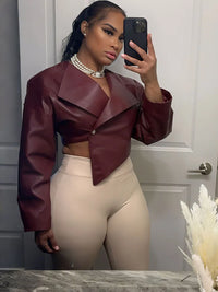 PU Leather Women Jackets Cool Simple Solid Full Sleeve Irregular Lapel Slim Crop Coats Female Casual Streetwear Outwear