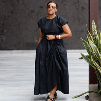 Two-Piece Skirt Set for Women Short Puff Sleeve Crop Top and High Waist Ruched Skirt Elegant Casual Flowy Outfit with Pockets