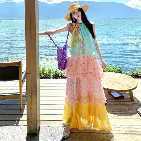 Sweet Dopaamine Girl Colorful Polka Dot Neck Hanging Cake Dress Women'S Summer New Holiday Style Beautiful Long Dress