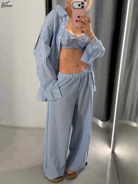 Oymimi Fashion Blue Print 3 Pieces Set for Woman Elegant Long Sleeve Button Shirts and Lace Bra + Pockets Straight Trousers Sets