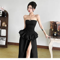 Strapless Hepburn Style Elegant All Black Long Evening Party Dress New Summer Slash Neck Fake 2 Pieces High Split Cocktail Dress