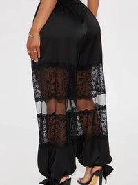 Summer Women Fairycore Grunge Casual Pants with Pockets Sheer Lace Patchwork Elastic Waist Lantern Trousers
