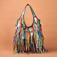 Colorful Real Sheepskin Shoulder Bags for Women Large Casual Slouchy Hobo Handbags Patchwork Leather Tassel Cross Body Purses