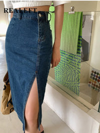 Women'S Midi Denim Skirt Spring Side Split High Wasit Jeans Skirts Straight Female A-Line Pencil Skirt 2023 New Summer
