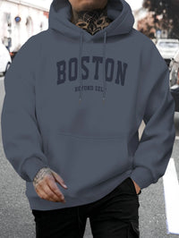 Men'S New Stylish Boston Letter Print Casual Sweatshirt with a Fashionable Drawstring Hood