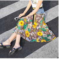 Fashion Casual Denim Patchwork Chiffon Skirt 2025 Summer New Office Lady Commute All-Match Printed A-Line High Waist Midi Skirts