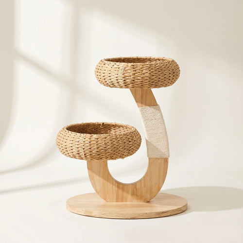 Wooden Cat Tree with Rattan Perch Natural Wood Cat Tree with Perch Pet Furniture Modern Space-Saving for Cats, Indoor