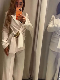 Lapel Coat Long Pant Suit Women Elegant Full Sleeve Waist Cinching Blazer Wide-Leg Pants Set Fashion Lady Daily Commute Outfit