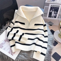 Women zipper sweater striped pullover front view