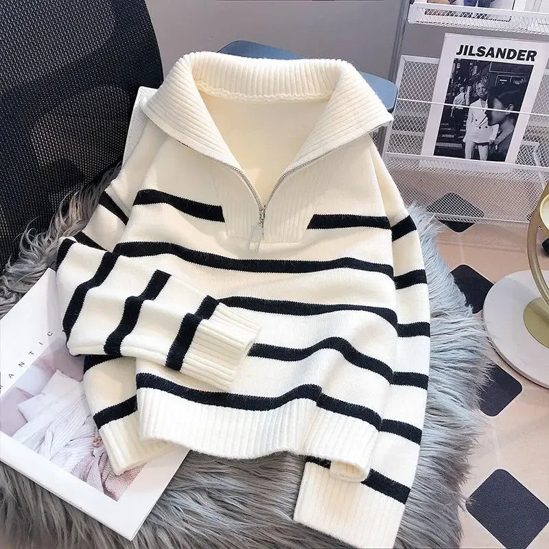 Women zipper sweater striped pullover front view