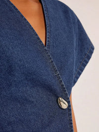 2026Women Dark Blue Denim Blouse Women'S Clothing V Neck Short Sleeve Asymmetric Hem Single Button Wrap Peplum Casual Summer Top