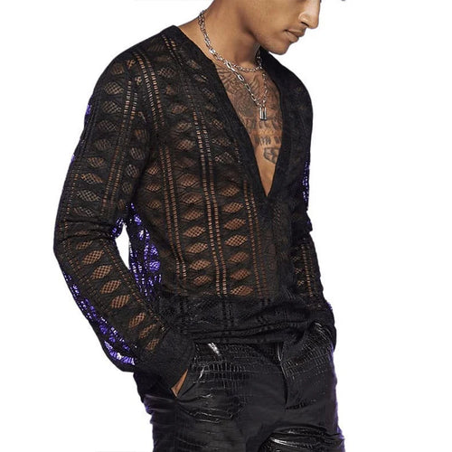 Men'S Mesh See through Mesh Sexy V Neck Shirt Long Sleeve Fishnet Hollow Out Vintage Streetwear Party Clothing S-2XL