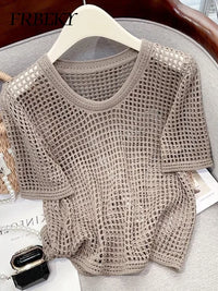 Streetwear Jumper Summer Hollow Thin Short Sleeve Loose round Neck Knitwear Outerwears Oversized Sweater Women Korean Fashion