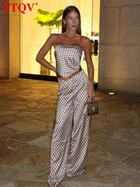 Summer Slim Print Women'S Two Pieces Set 2026 Sexy Sleeveless Crop Top with High Waist Wide Pants Set Female Streetwear