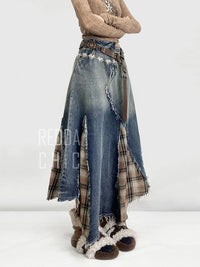 Reddachic Irregular Patchwork Plaid Denim Skirt Women Do Old Gradient Overlay Waist Maxi Long Jeans Skirt Y2K Retro Streetwear