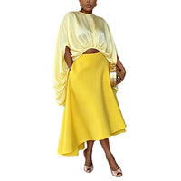 Women Satin Two Piece Outfit Set Batwing Sleeve Cutout Crop Top and Asymmetric Midi Skirt Pockets Elegant Matching Set