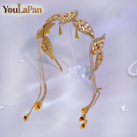 Luxury Green Color Rhinestone Leaf Bride Headband Golden Color Metal Tassel Hair Hoop Wedding Hair Accessories A365