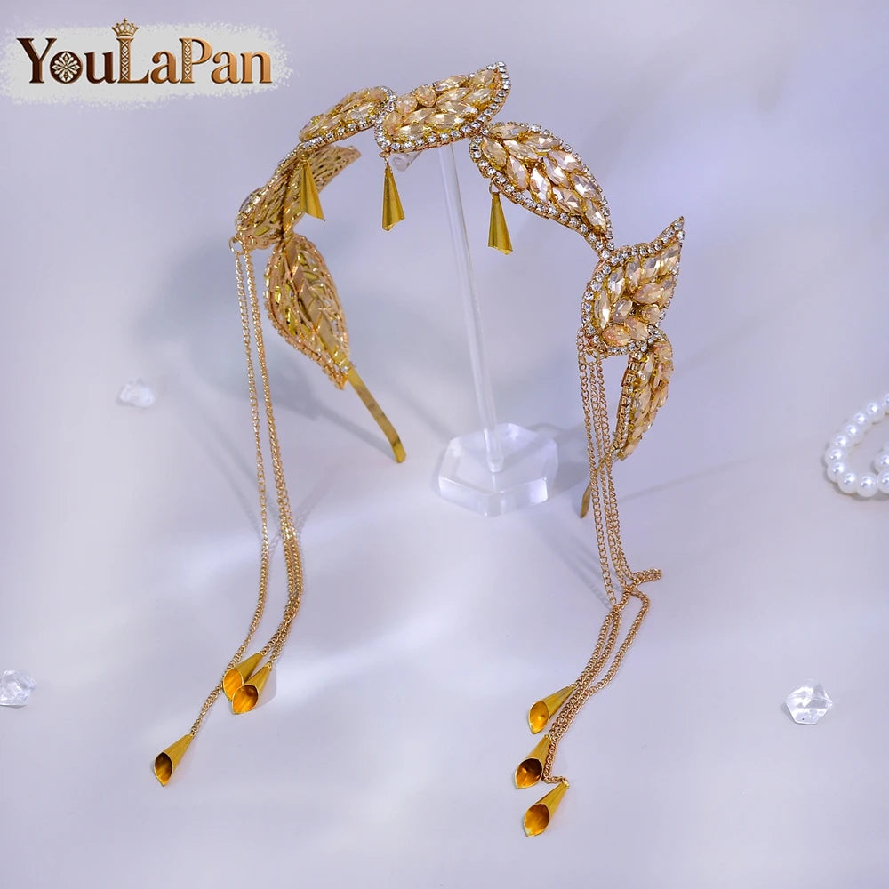 Luxury Green Color Rhinestone Leaf Bride Headband Golden Color Metal Tassel Hair Hoop Wedding Hair Accessories A365
