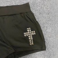 Summer Cross Diamond Decorative Black Ultra-Short Pants Women'S Elastic Waist Mid-Waist Leggings Fashionable and Stylish
