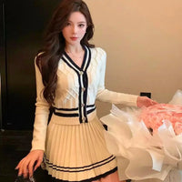 Preppy Patchwork Knitted Suit Women'S V-Neck Short Knitted Cardigan+A-Line Mini Pleated Skirt Autumn Party 2-Piece Set A139