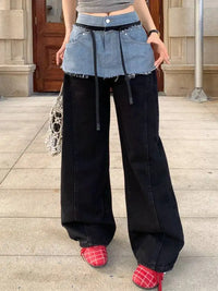 American Retro Contrasting Color Splicing High Waist and Wide Leg Jeans for Women 2026 Autumn New 05E02789