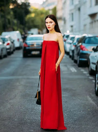 Sexy Breast Wrap Jumpsuit Women Red Summer Thin High Waist Pocket Lady Loose Elegant Wide Leg Pants Long Jumpsuits