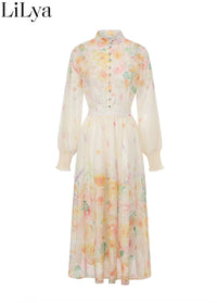 Elegant Sweet Romantic Puff Sleeve Floral 2 Pieces Skirt Set Women Chiffon Shirt Top Elastic Waist Midi Skirt Elegant Woman Set