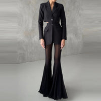 Elegant High Waist Slim Straight Trousers Sexy See through Mesh Flare Pants for Women Summer Solid Commute Lady Long Pants Mujer