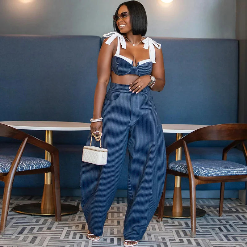 Contrast Bow Strap Striped Women Set Sleeveless Crop Top High Waist Wide Leg Pants Vertical Stripe Pattern Summer Vacation Wear