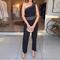 Women Black Patchwork One Shoulder Jumpsuit 2025 Summer Office Lady Sleeveless High Waist Streetwear Set