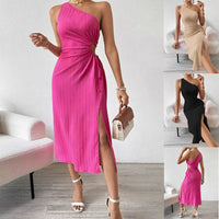 Fashion Dresses Women Solid Color Slant Neck Sleeveless Backless Dress Female Office Commuter Gown