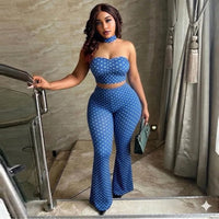 Women'S Dots Print Strapless Chest Wrapped Sleeveless Backless Super-Short Sexy Vest Tops Long Pants & Neck Scarf, 3 Piece Set