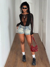 Women'S plus Size Sexy Bodysuit Hollow Out Long Sleeve Bodycon Stretchy Slim Fit Bodysuit Sexy Club Party Street Outfit