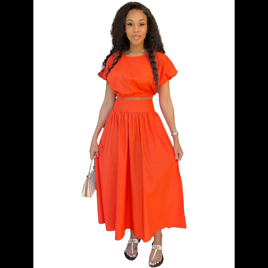 Fashion Two Piece Set Cropped Top Short -Sleeved Paired with a Flowing Maxi Skirt Comfortable yet Stylish Casual Women Skirt Set