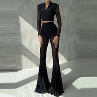 Elegant High Waist Slim Straight Trousers Sexy See through Mesh Flare Pants for Women Summer Solid Commute Lady Long Pants Mujer