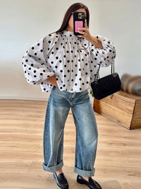 Loose Polka Dot Backless Women'S Shirt Lace up Pleated O-Neck Lantern Long Sleeve Blouses 2026 Spring Casual All-Matching Tops
