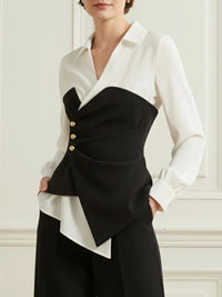UOOZEE Elegance Office Lady Black White Contrast V-Neck Blouse Fashion Buttoned Irregularity Urban Trendy Zipper Shirts Tops
