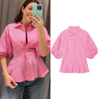 Women'S Striped Shirt New 2026 Spring Casual Short Puff Sleeve Lapel Collar Flared Hem Button Women Shirt & Blouses Female Tops
